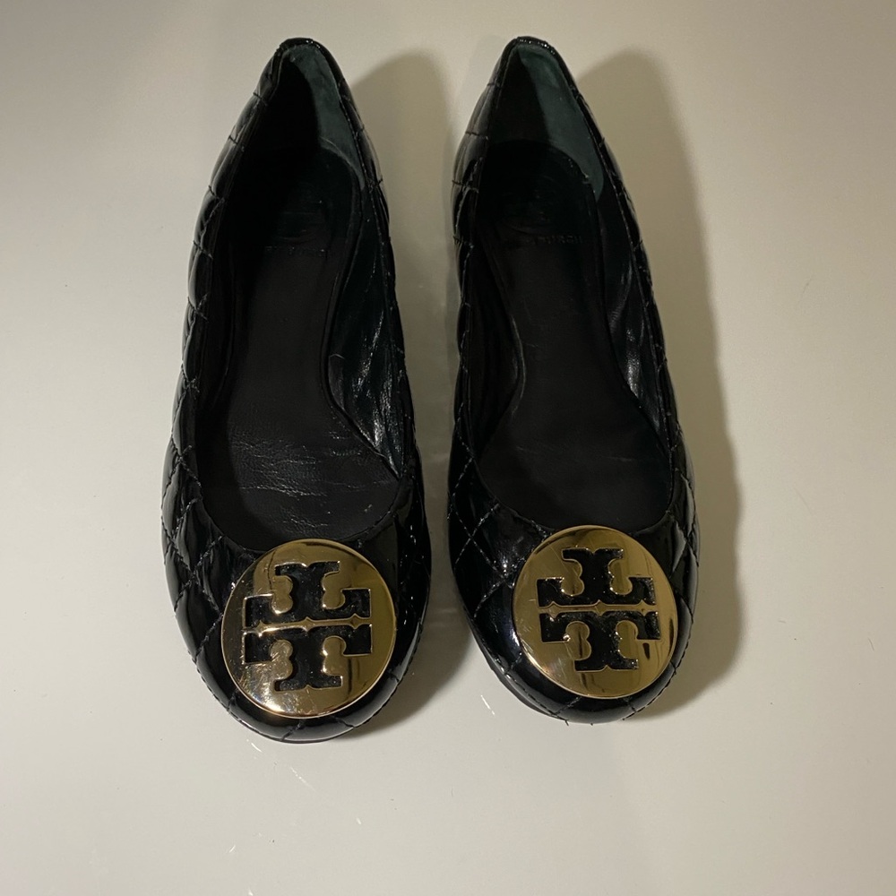 Tory Burch Black Quilted Flats with Gold Logo